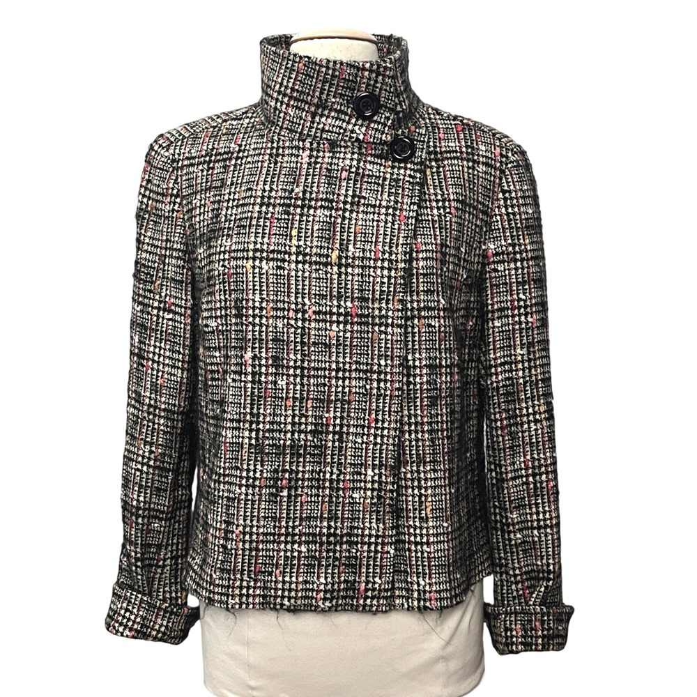 Lafayette 148 Wool Tweed Plaid Funnel Neck Jacket Blazer 12 Academia Office Chic